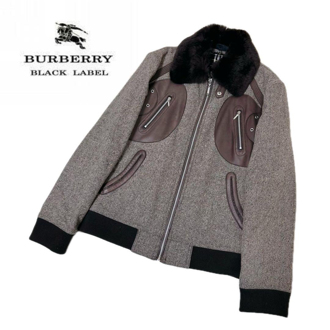 美品】バーバリー ラビットファー ツイードジャケット レザー切替
