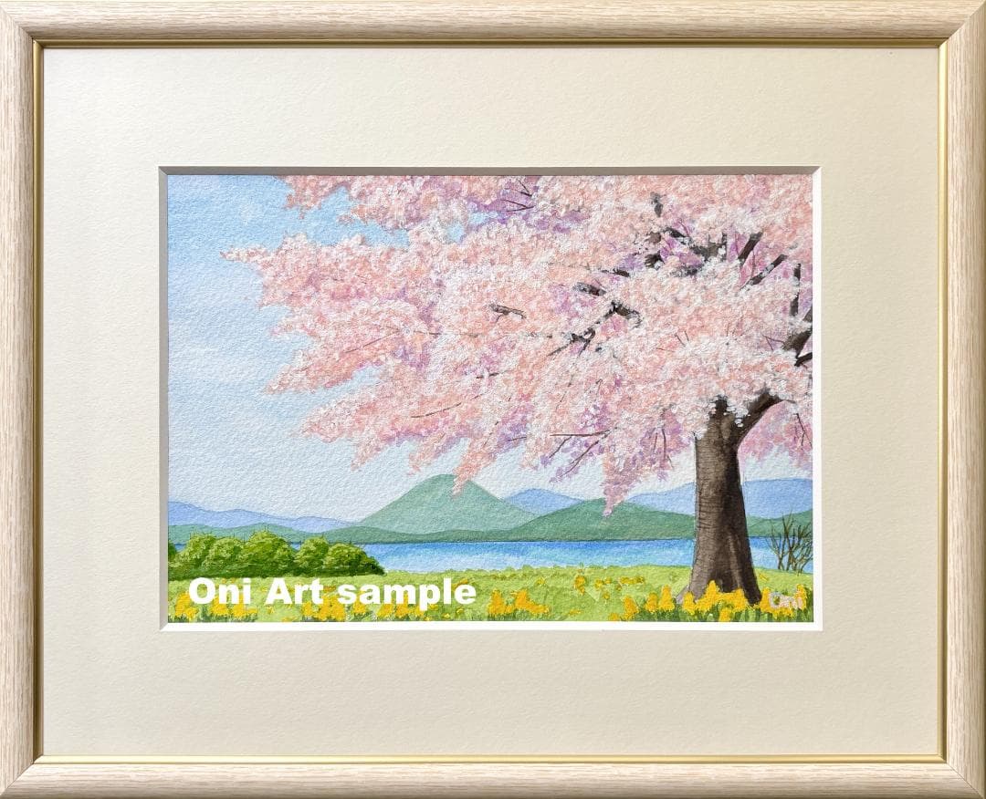 透明水彩画　原画　「湖畔の桜」額縁付き　SMサイズ　風景画