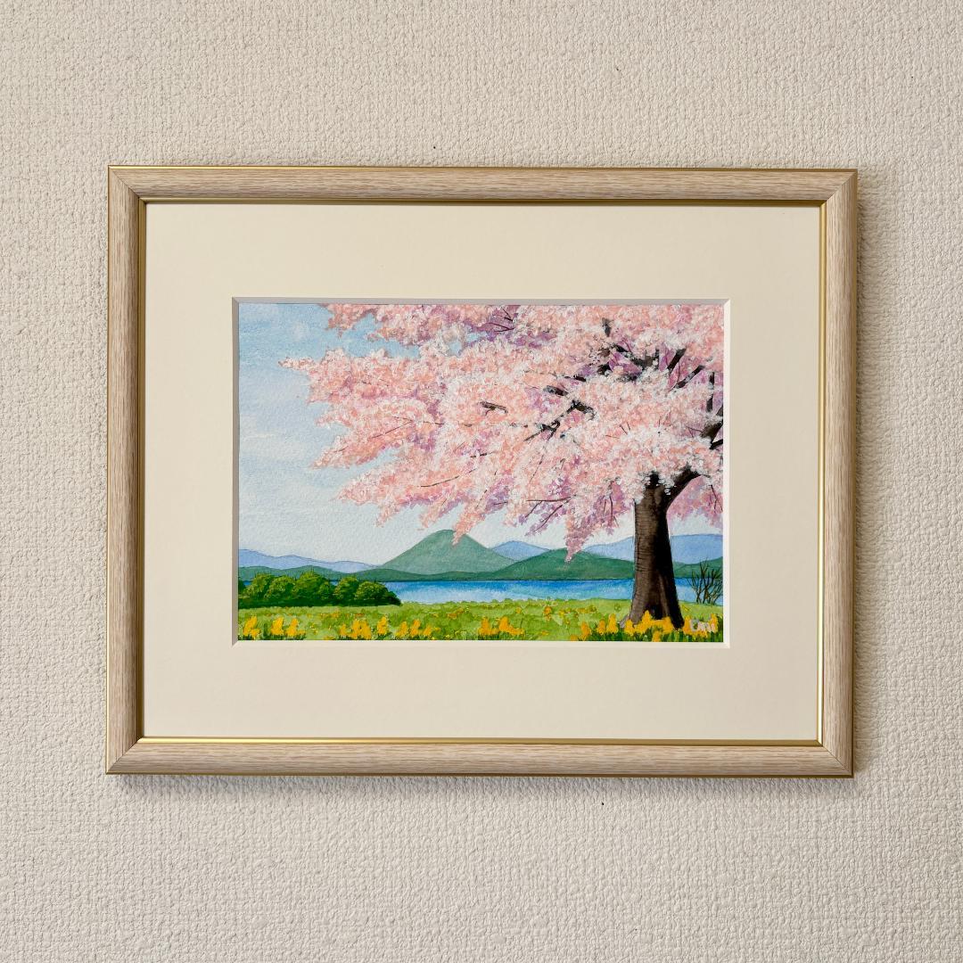 透明水彩画 原画 「湖畔の桜」額縁付き SMサイズ 風景画 - メルカリ