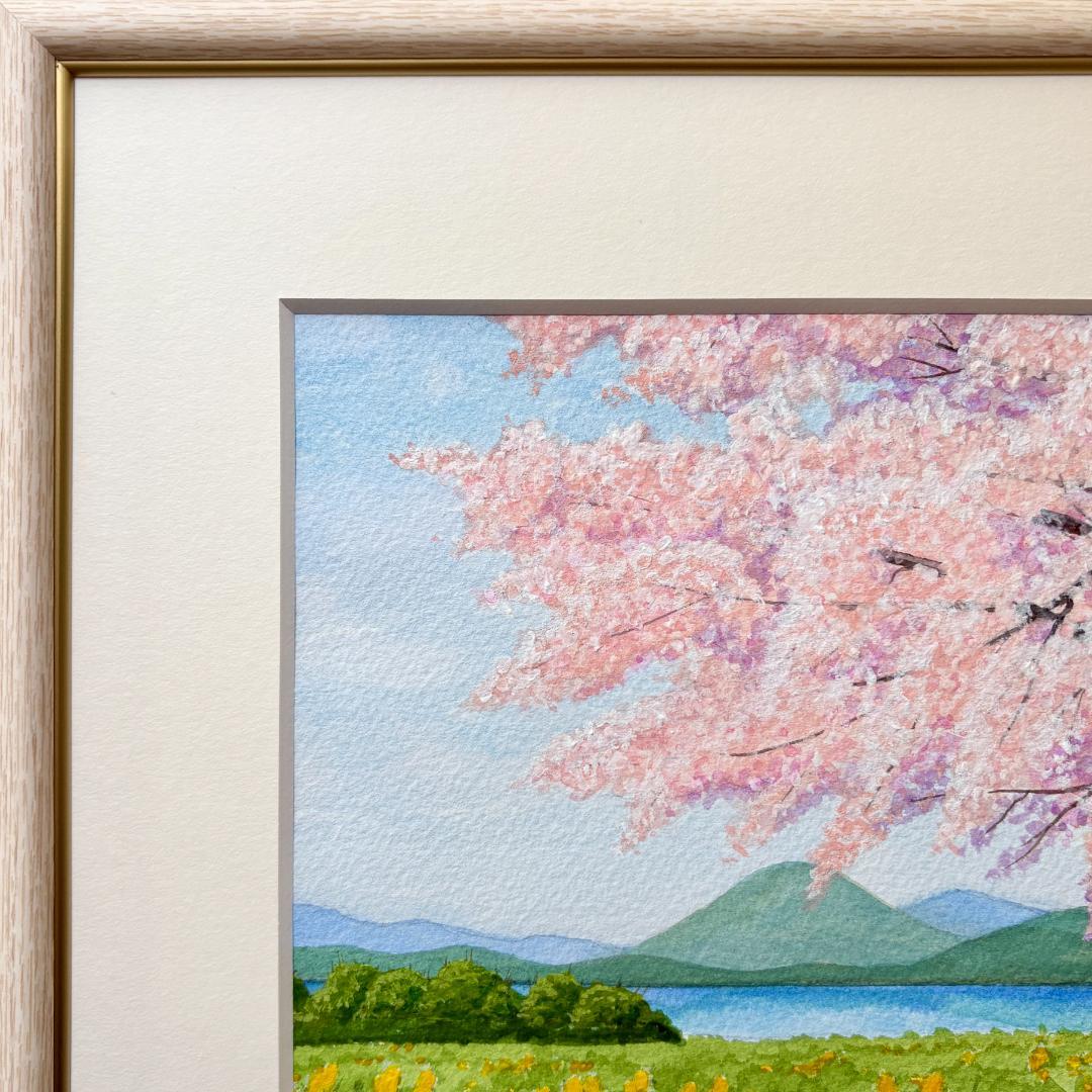 透明水彩画 原画 「湖畔の桜」額縁付き SMサイズ 風景画 - メルカリ