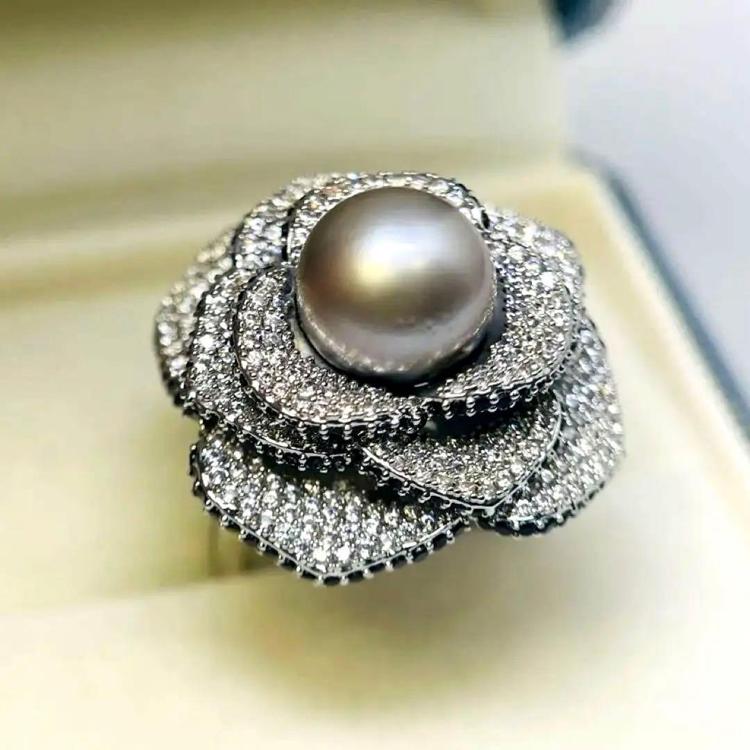 南洋真珠 リング 黑蝶真珠 黒真珠　タヒチ　指輪 プラチナグレー 薔薇 ブラックパール 黒蝶真珠 リング 指輪 超大粒 16mm Pt900 タヒチ産 黒