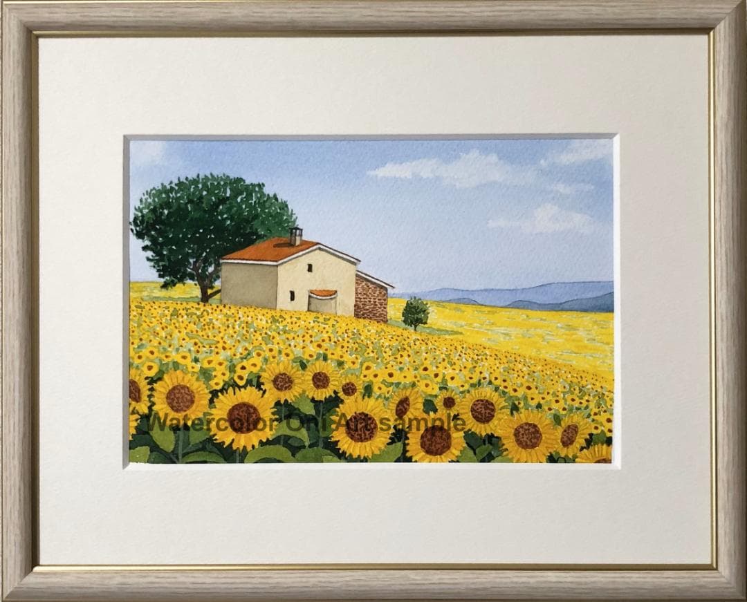 透明水彩画　原画　「ひまわり畑01」額縁付　SMサイズ　風景画