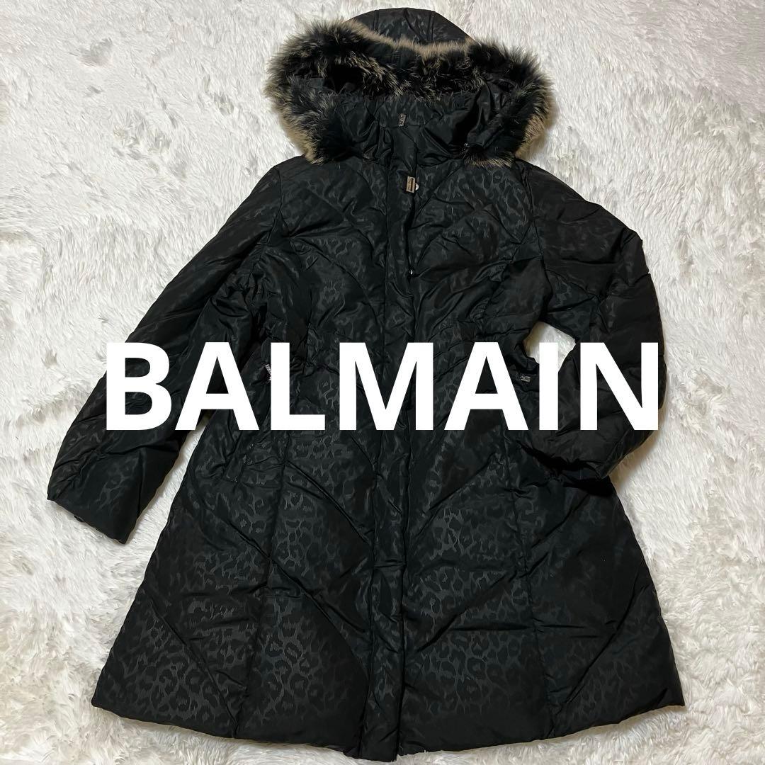 美品】BALMAIN レオパード柄 ダウンコート M／ブルーフォックスファー