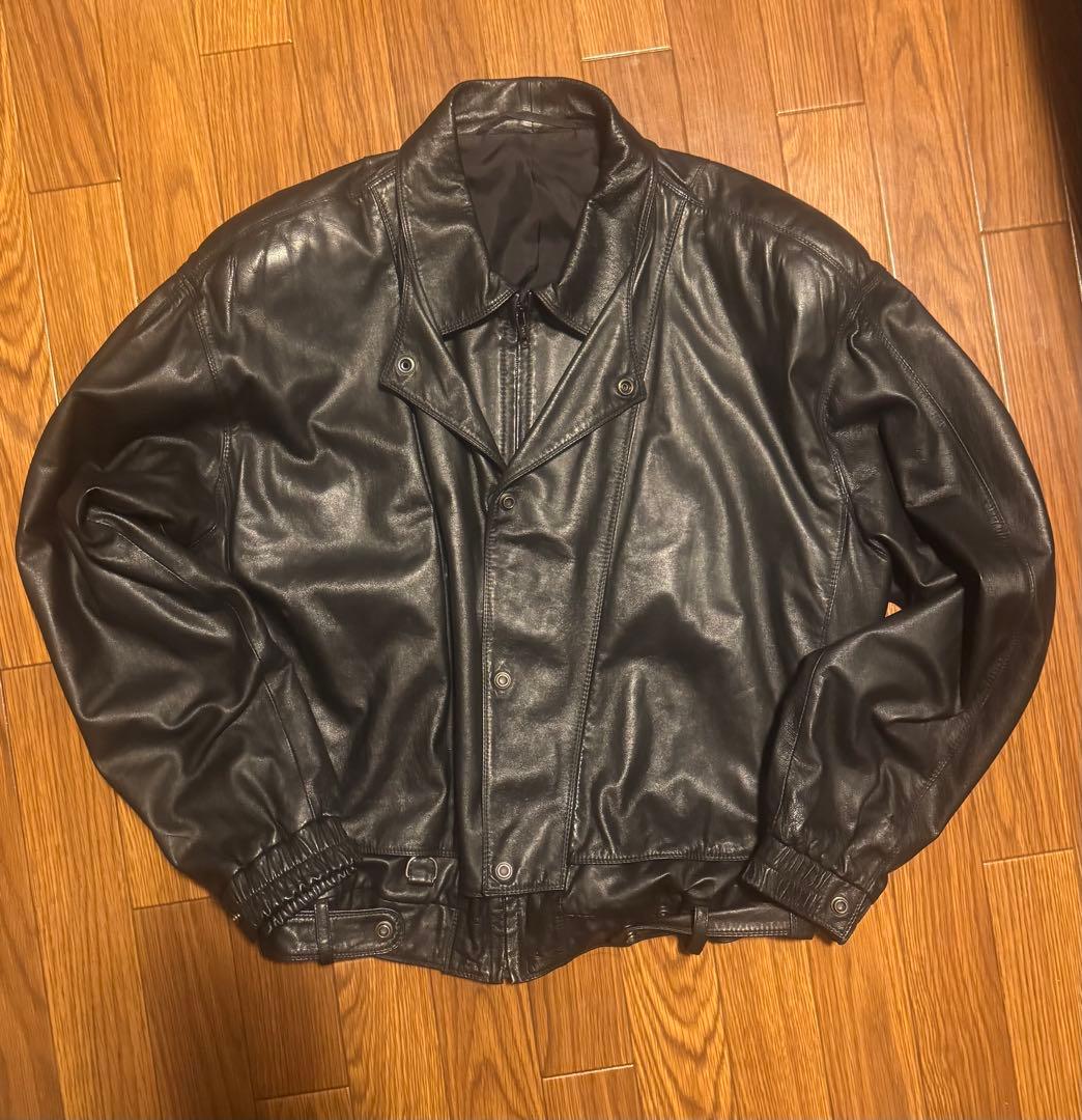 ブラックレザージャケット　vintage Italy製　イタリア製 80s イタリア ポリスマン レザー ジャケット ライダース ジャケット M