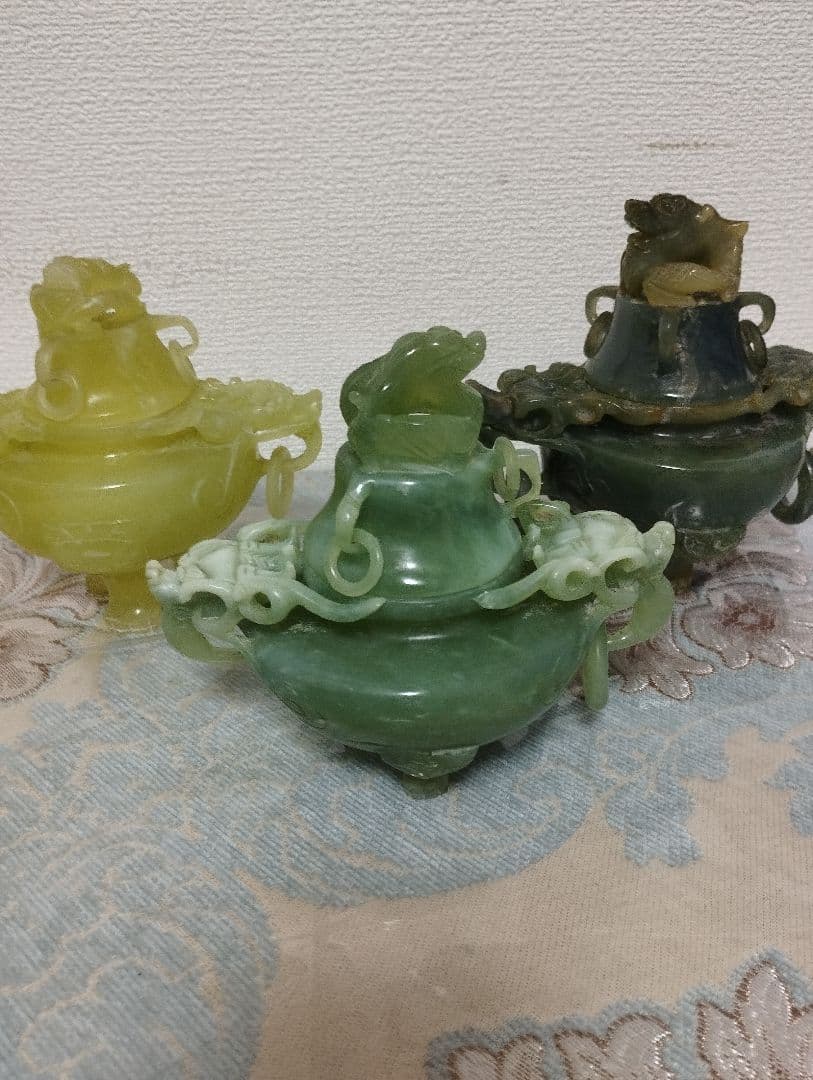 中国美術 龍｜翡翠 香炉 三脚 香爐｜翡翠玉石｜彫刻細工　アンティーク 骨董
