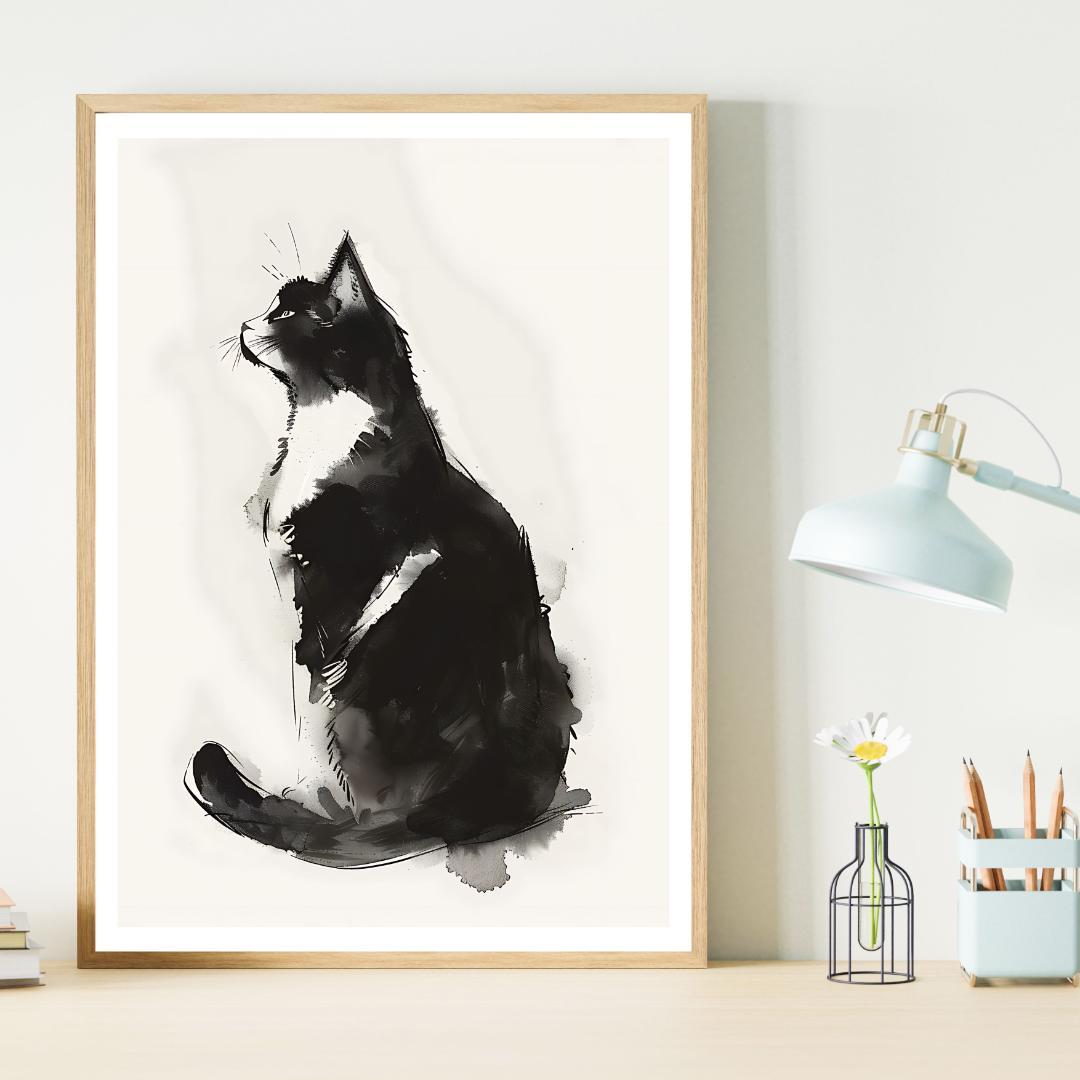 CA30-I】クロネコ 猫イラスト モノクロ アートポスター ネコ 水彩画