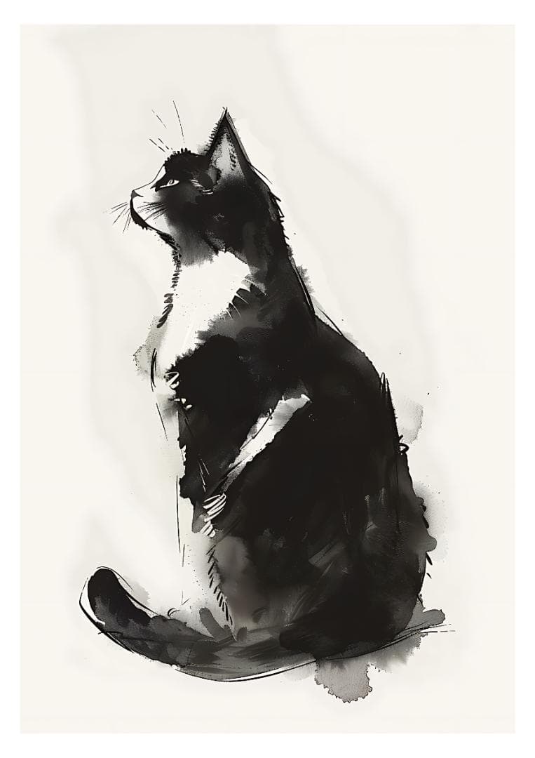 CA30-I】クロネコ 猫イラスト モノクロ アートポスター ネコ 水彩画