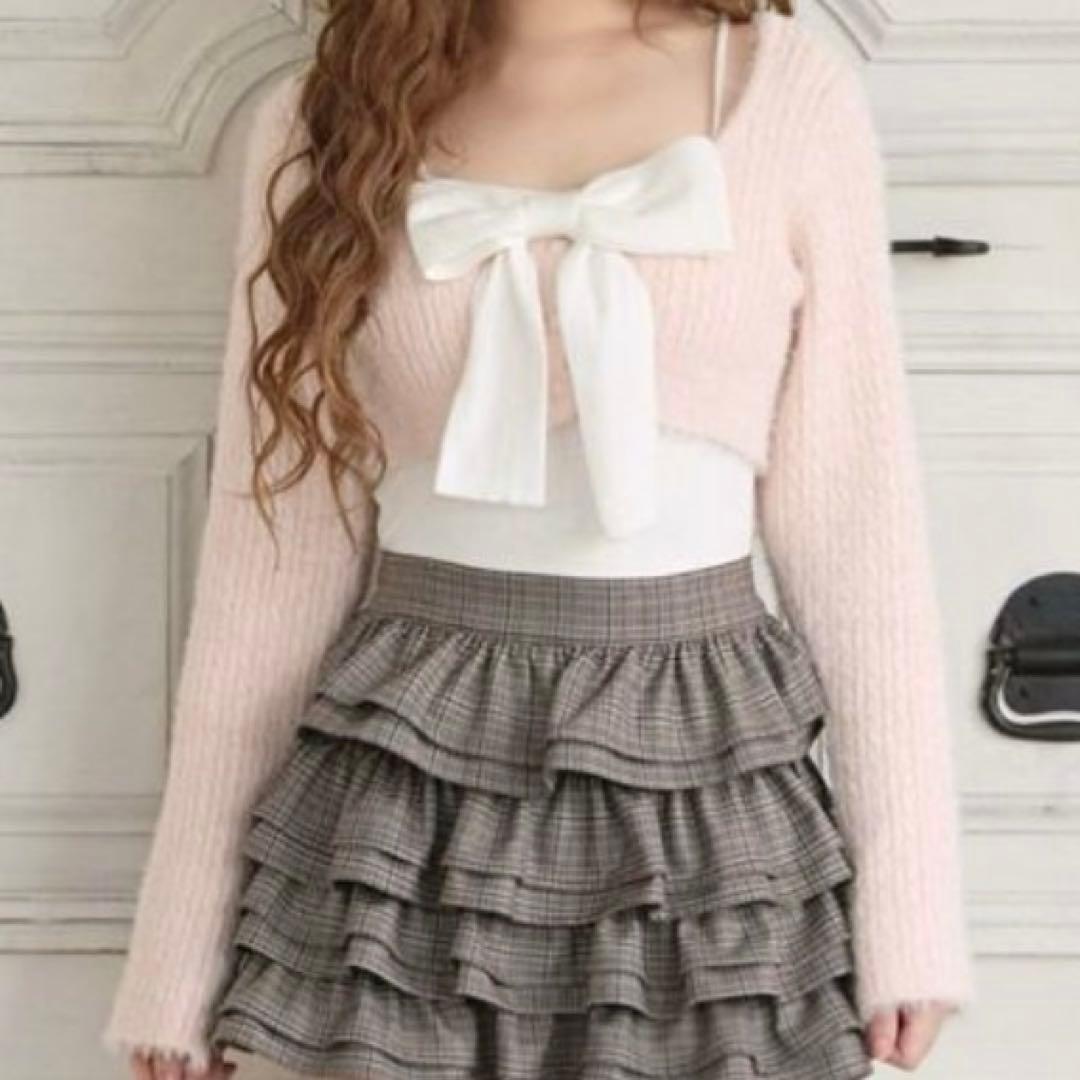 bubbles リボンニットアンサンブル ピンク×ホワイト