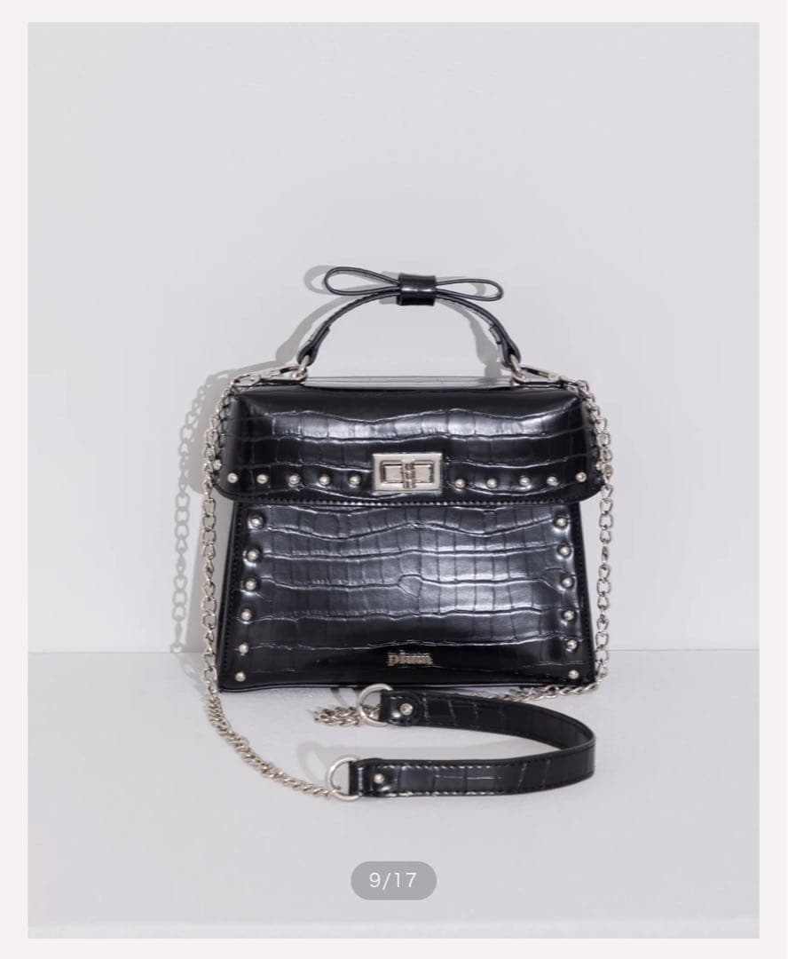 h*様 pium リボンハンドルクロコバッグ ブラック - メルカリ