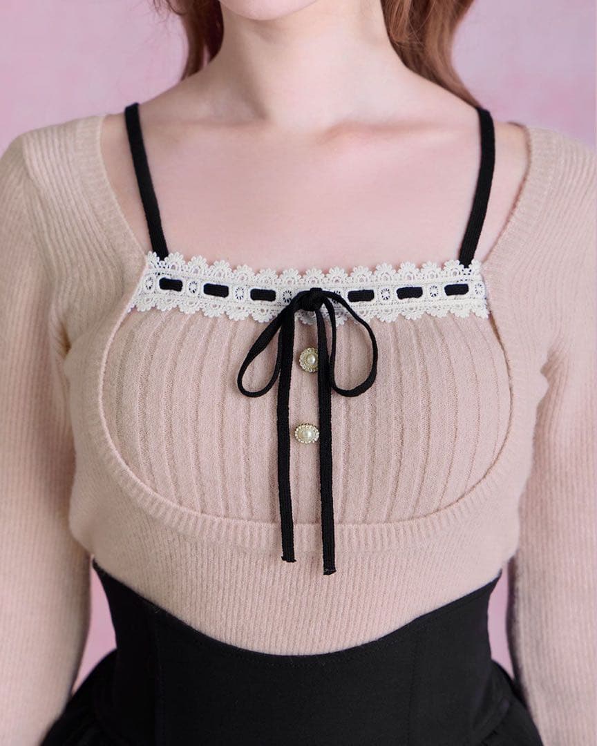 ミシェルマカロン リボンリブニットトップス ピンク XS