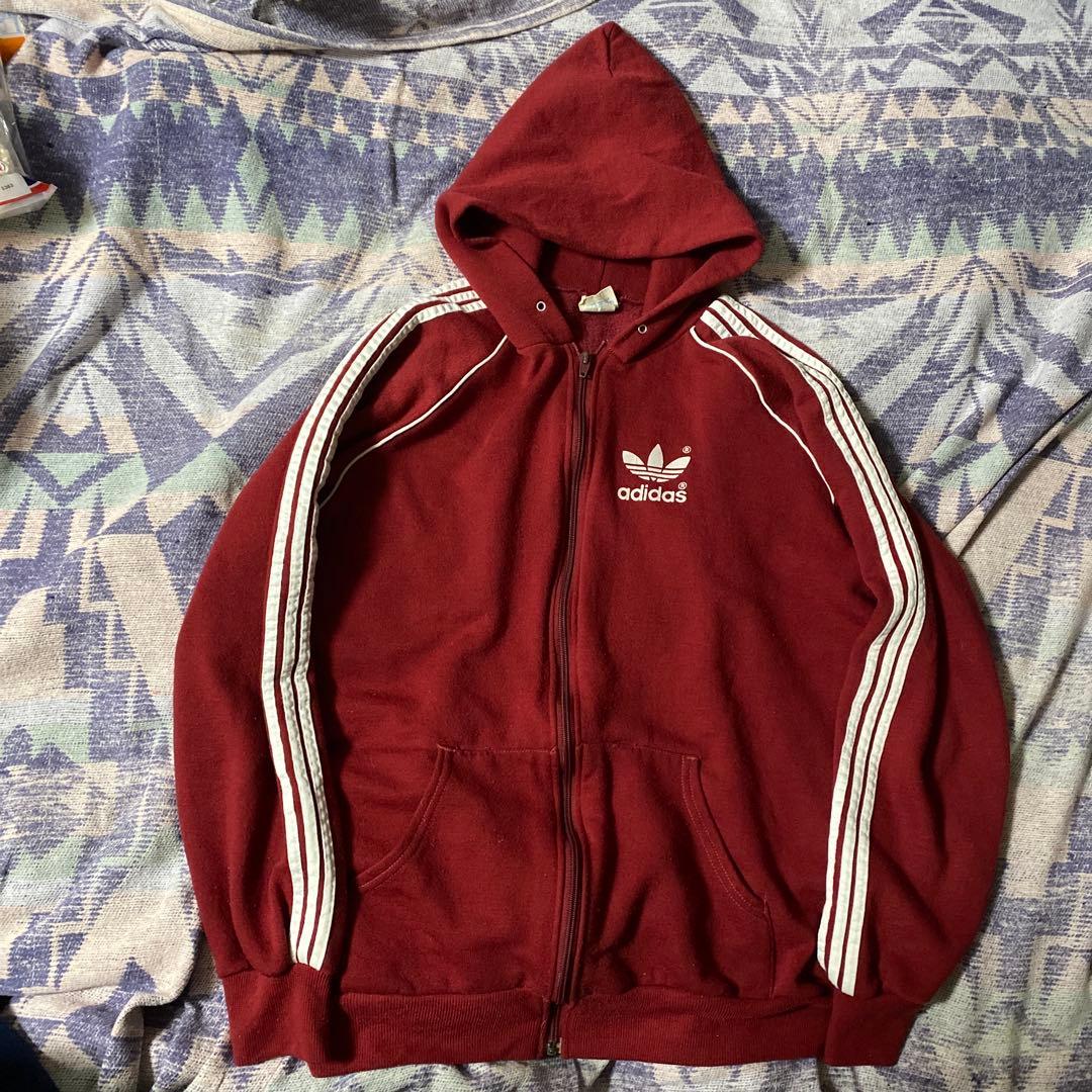 ビンテージadidas バーガンディ USA製ジップパーカー XL adidas（アディダス） パーカー Shmangry ジップアップ グラフィック