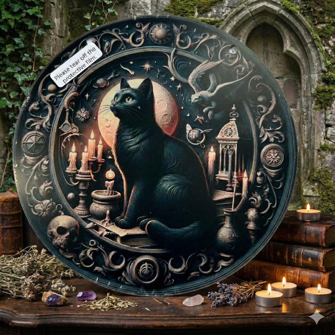 黒猫 壁飾り 魔法 幻想 アート インテリア 丸形 15cm 装飾 プレート