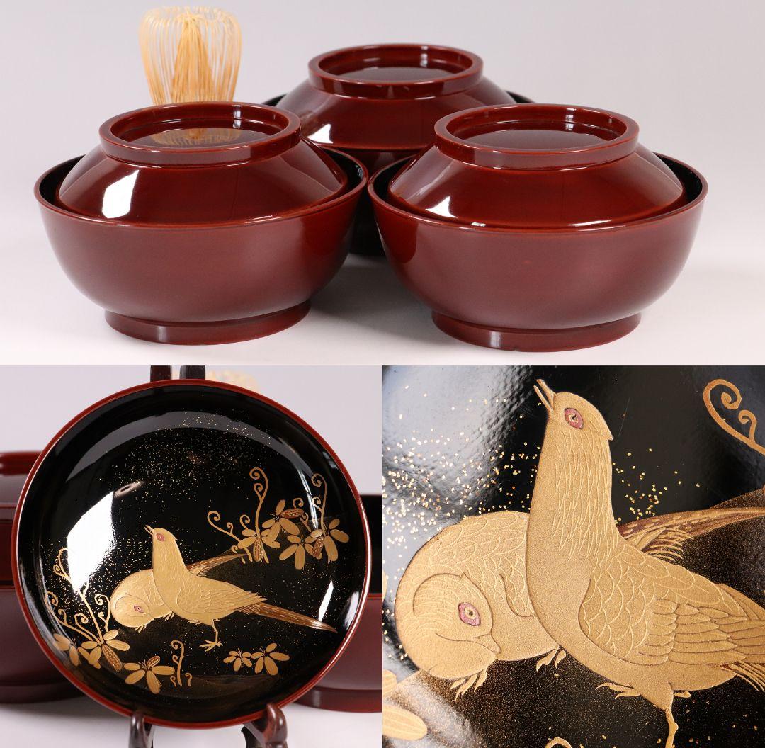 専用10客まとめ CM5 時代 加賀蒔絵 鳥図 溜塗内黒 椀 三客 木製 雉春草