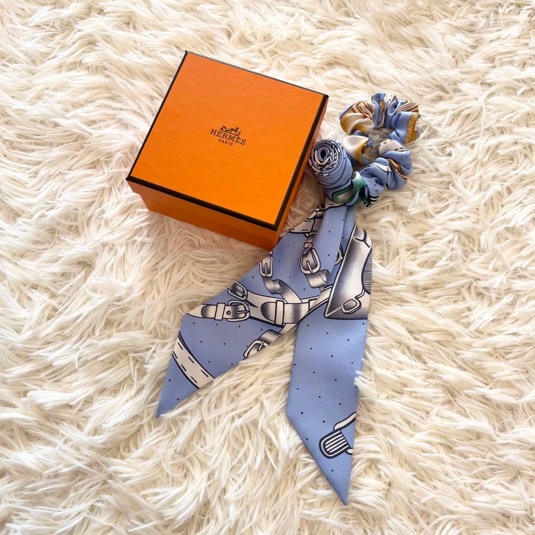未使用級✨HERMES　エルメス　プリントシルクツイルヘアシュシュ　ライトブルー