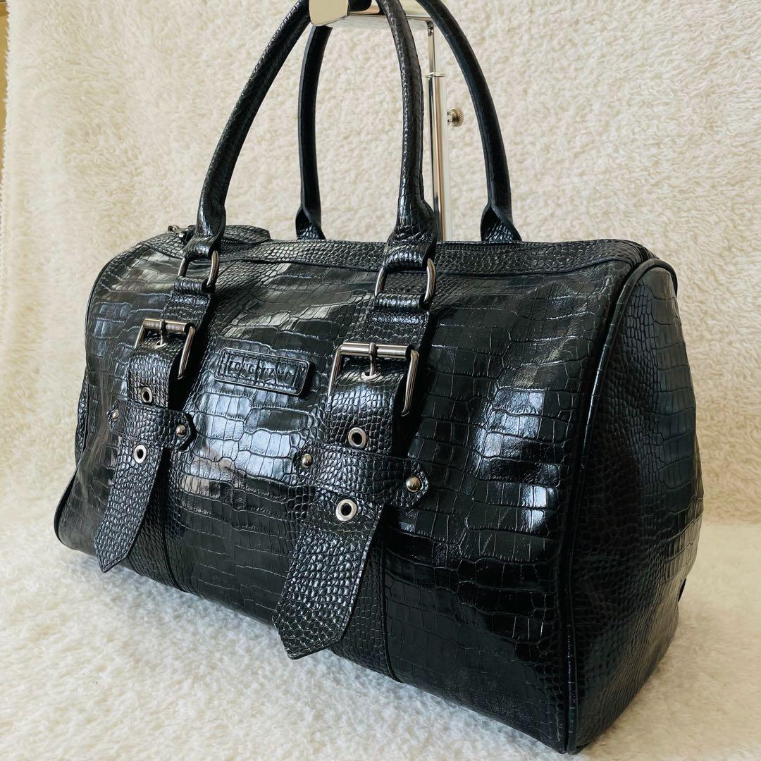 LONGCHAMP ボストンバッグ クロコ型押し ケイトモス コラボ 黒