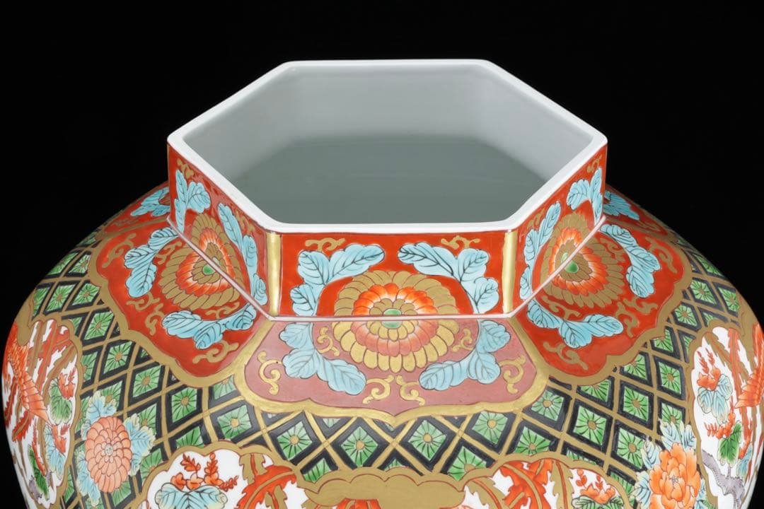 有田焼 耕右衛門 染錦窓絵鳳凰花尽之図 獅子摘蓋特大