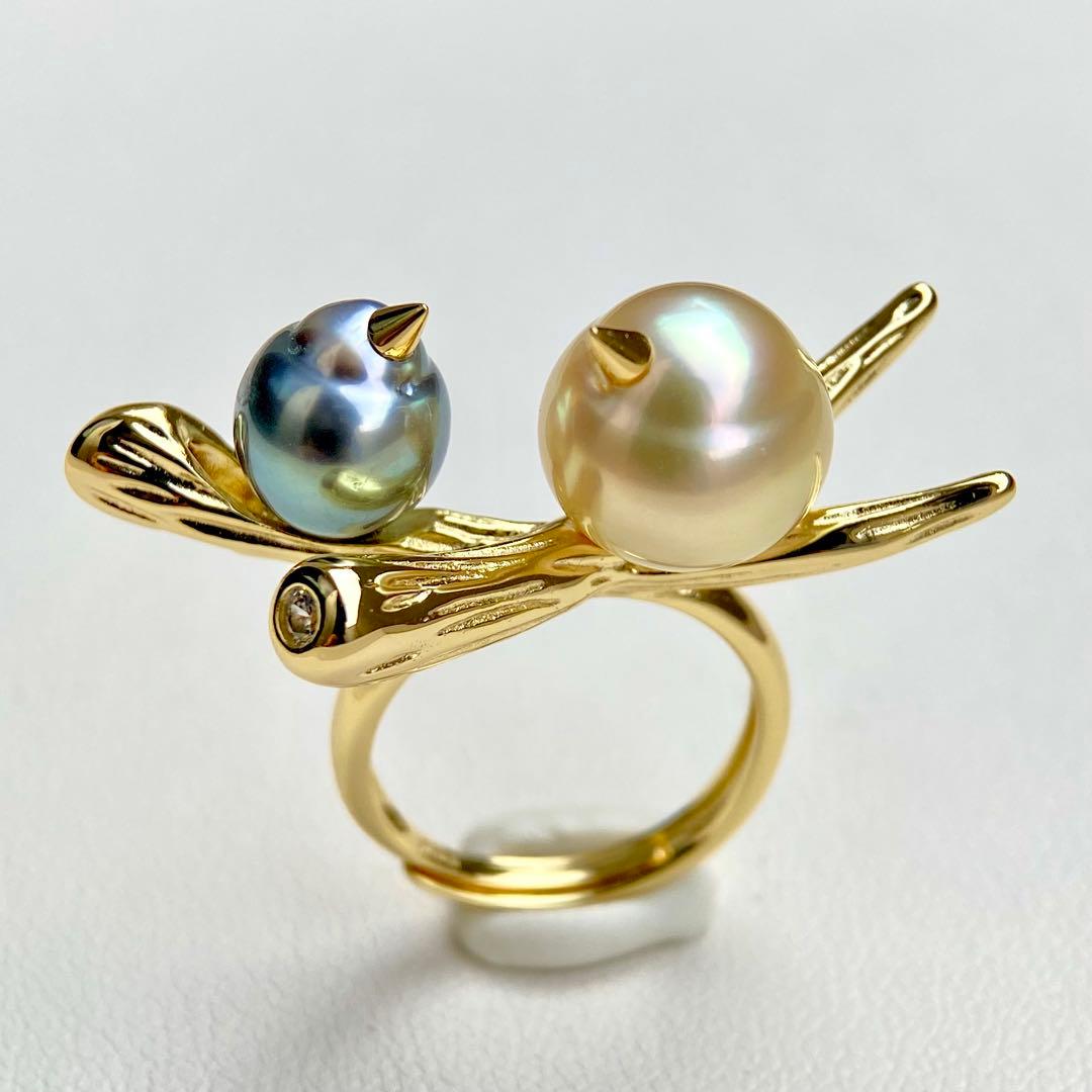 リラックまま様専用南洋白蝶真珠と黒蝶真珠 双色「鳥と枝」s925リング