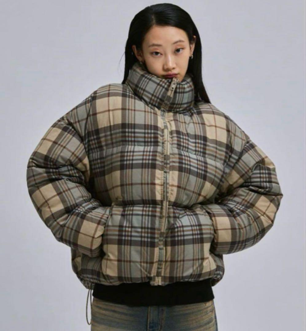 FEKETE ドロストショートエコダウンジャケット チェック