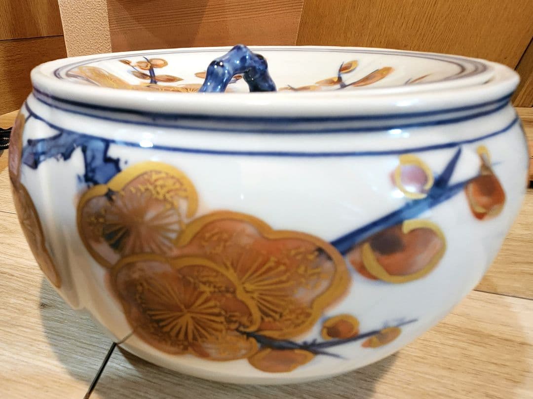 京焼　水指　染付金彩　稔梅　平安徳泉　茶道具