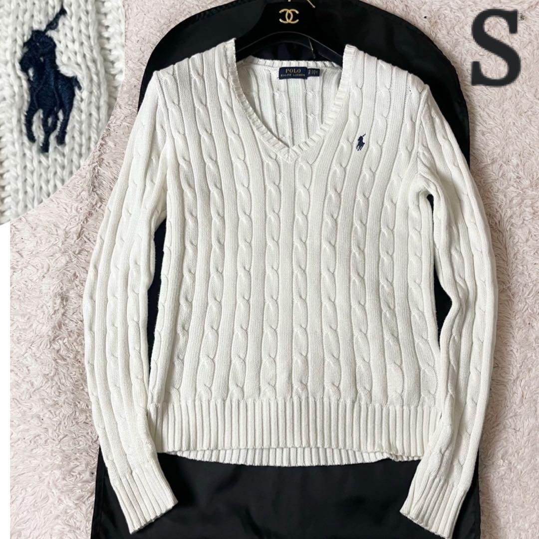 ラルフローレン ケーブルニット セーター ブランドロゴ 刺繍 白 ホワイト S