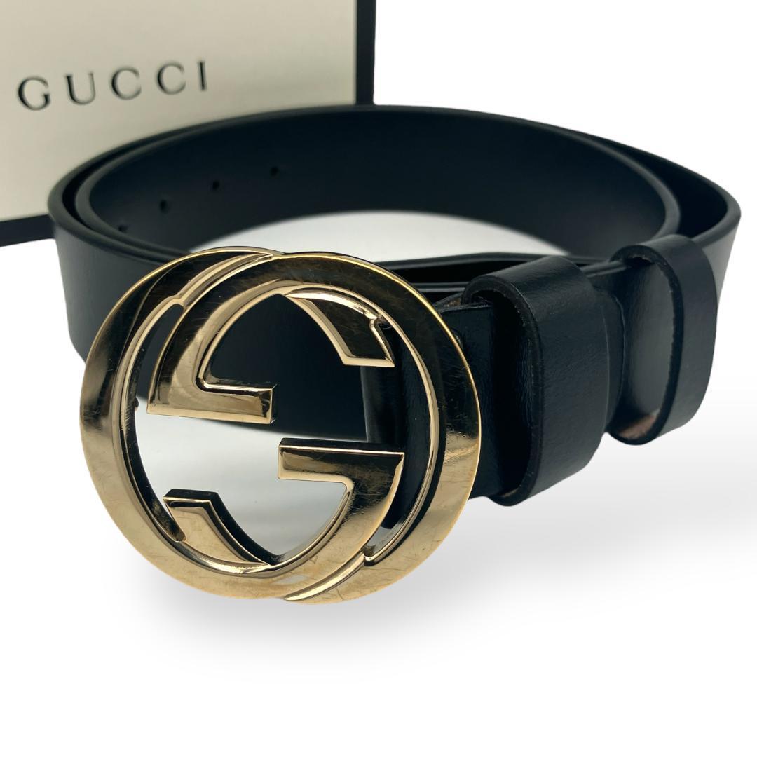 GUCCI グッチ インターロッキング バックル ベルト付き ゴールド ブラック