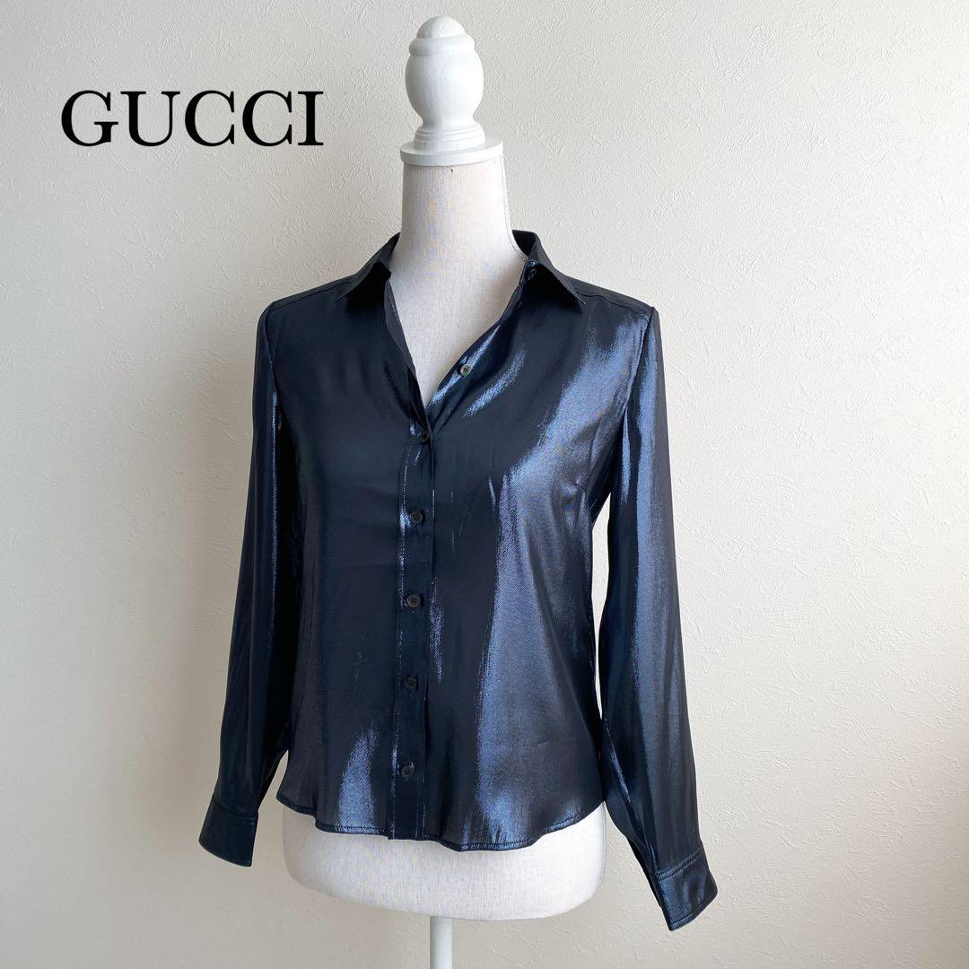 ✨GUCCI グッチ　シルク混ラメ長袖ブラウス　ネイビーグレー　イタリア製