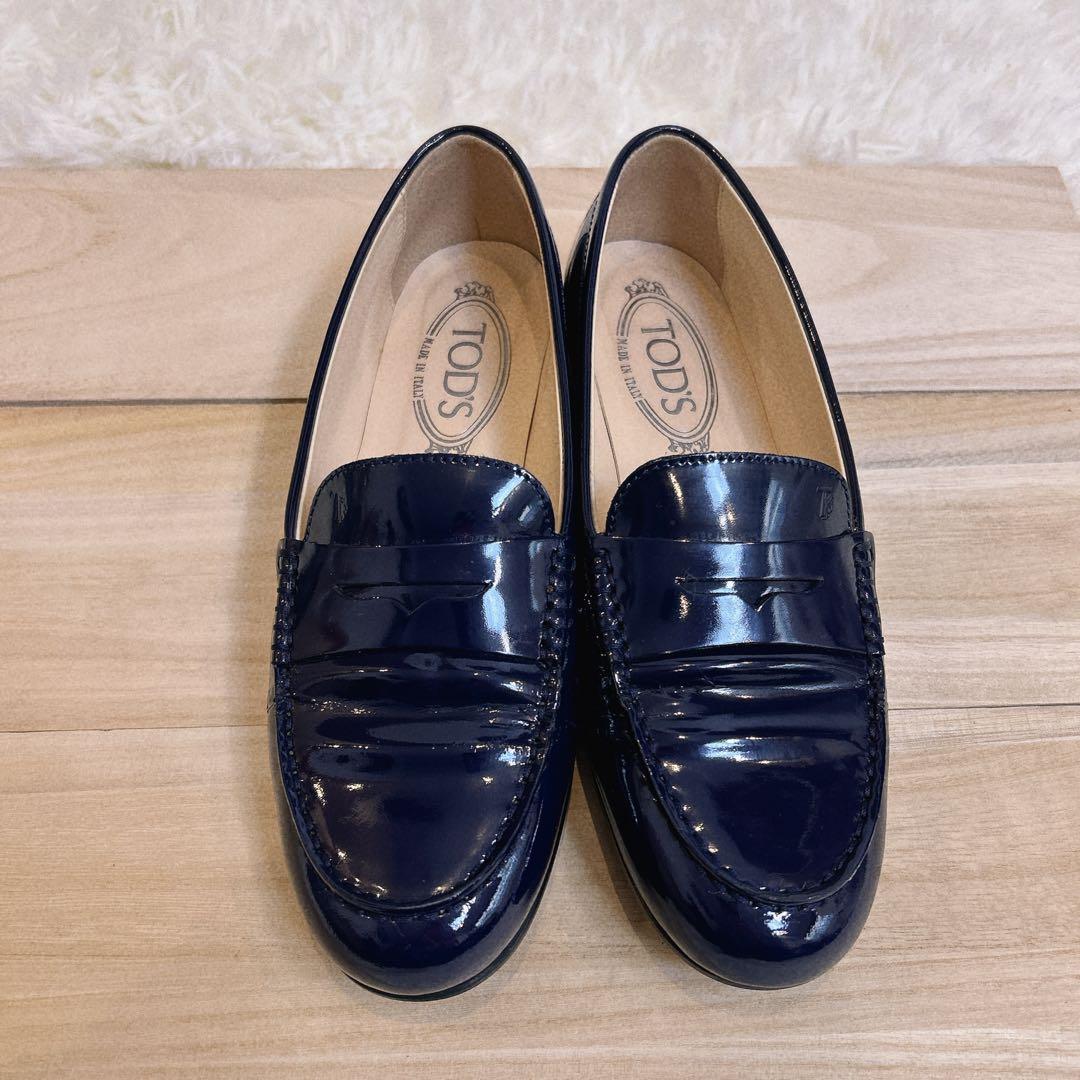 TOD'S トッズ ローファー パテント ロゴ刻印 24cm ネイビー