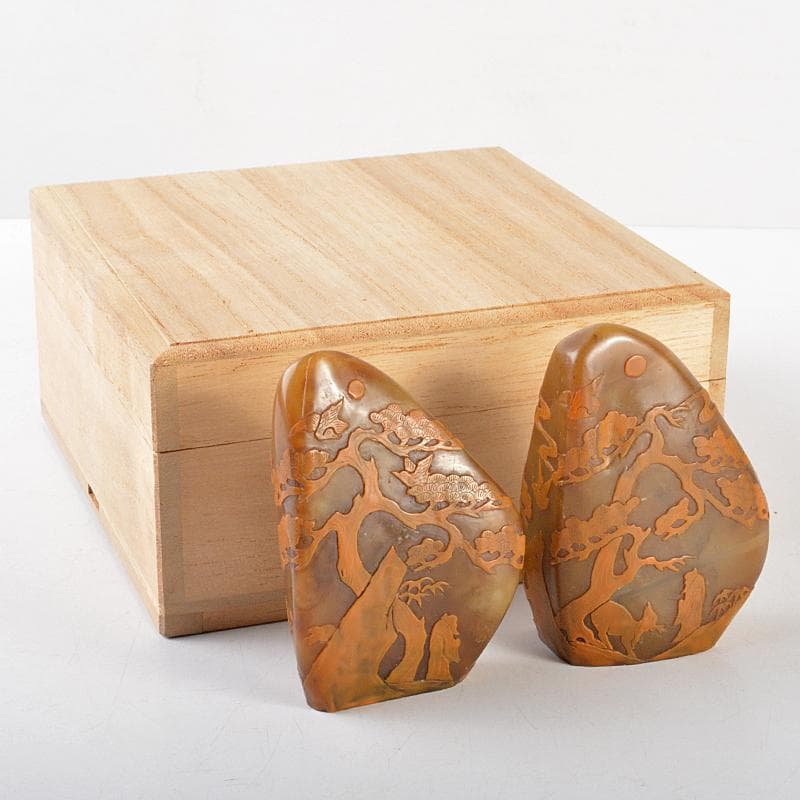 中国　玉石彫刻　山水人物刻　置物　2点　時代箱付　M　R5800