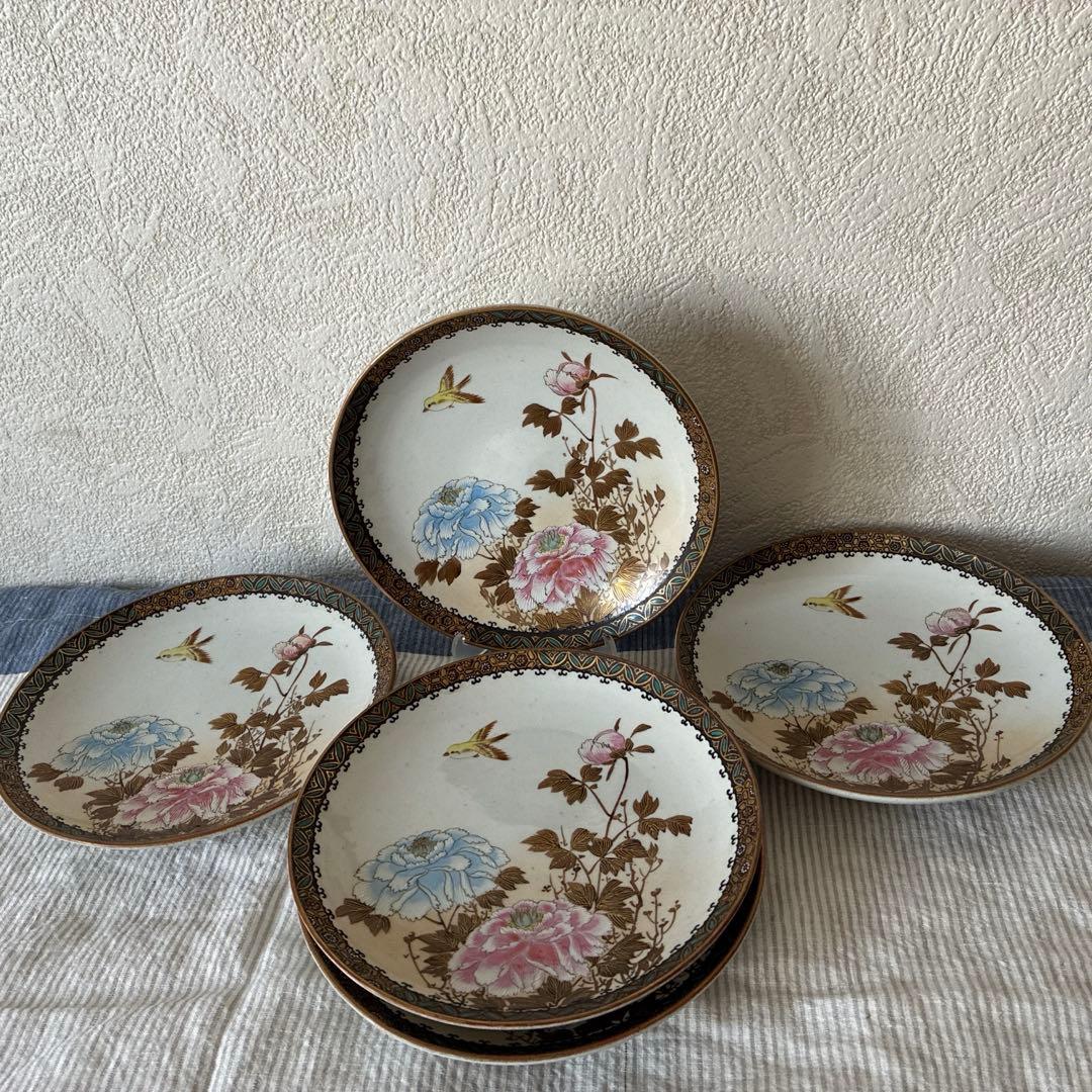 骨董　九谷焼　祝膳　金縁　手彫り　牡丹　鳥　5枚セット