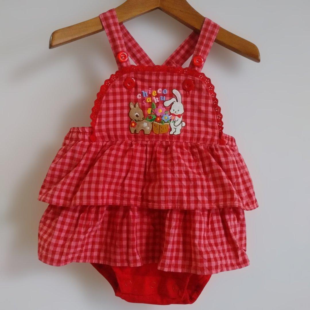 1-2回着用ミキハウスチエコサク赤いギンガムチェックワンピース 95cm以下