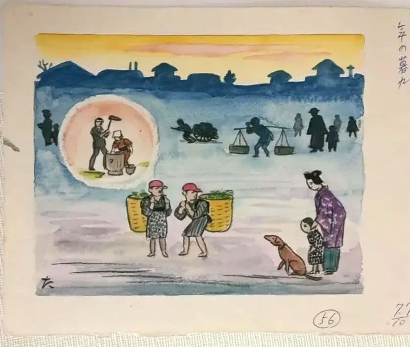 小川龍彦、水彩画年の暮れ（思い出の故郷静岡シリーズ)昭和52年10月1977描く