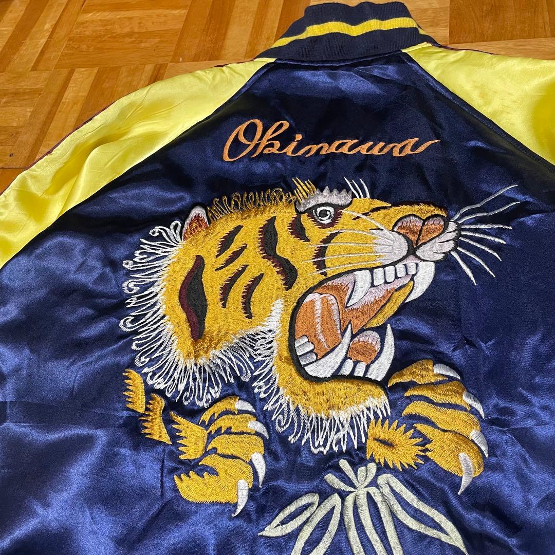 【SALE】90sスカジャン 沖縄マップ シーサー 鷹 虎 龍 刺繍