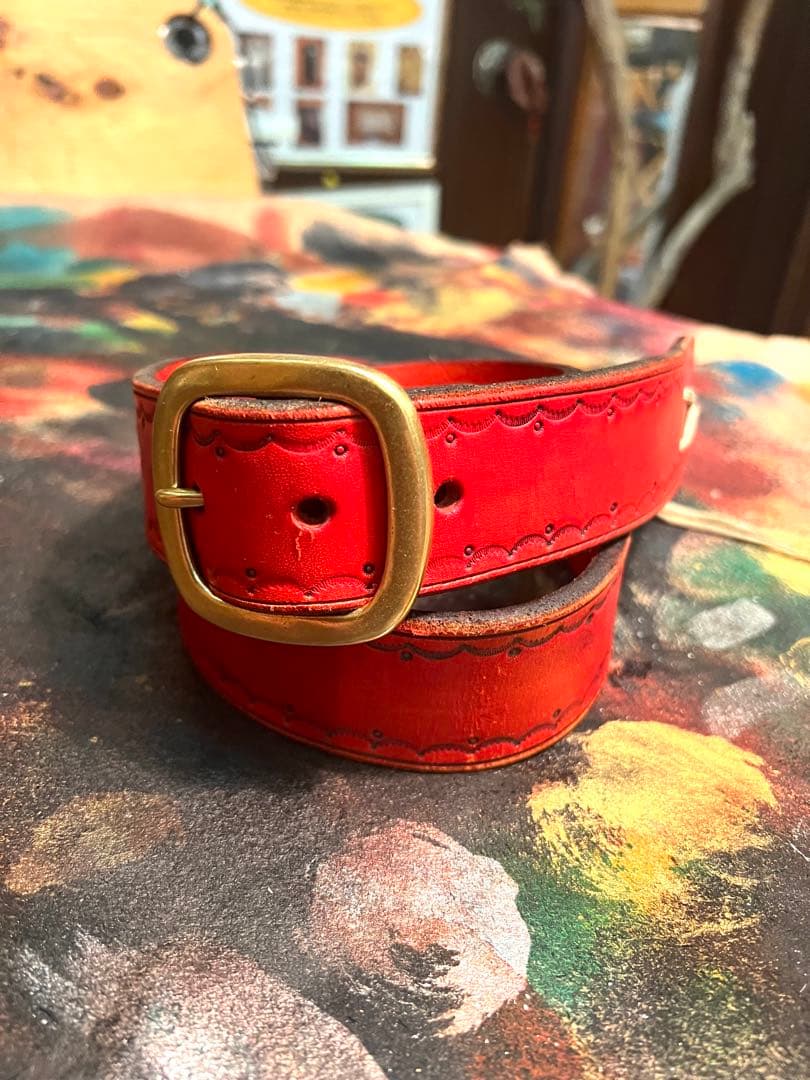 5mm厚38mm幅ベンズレザーベルト レッド 古着 ビンテージ アメカジ 激渋