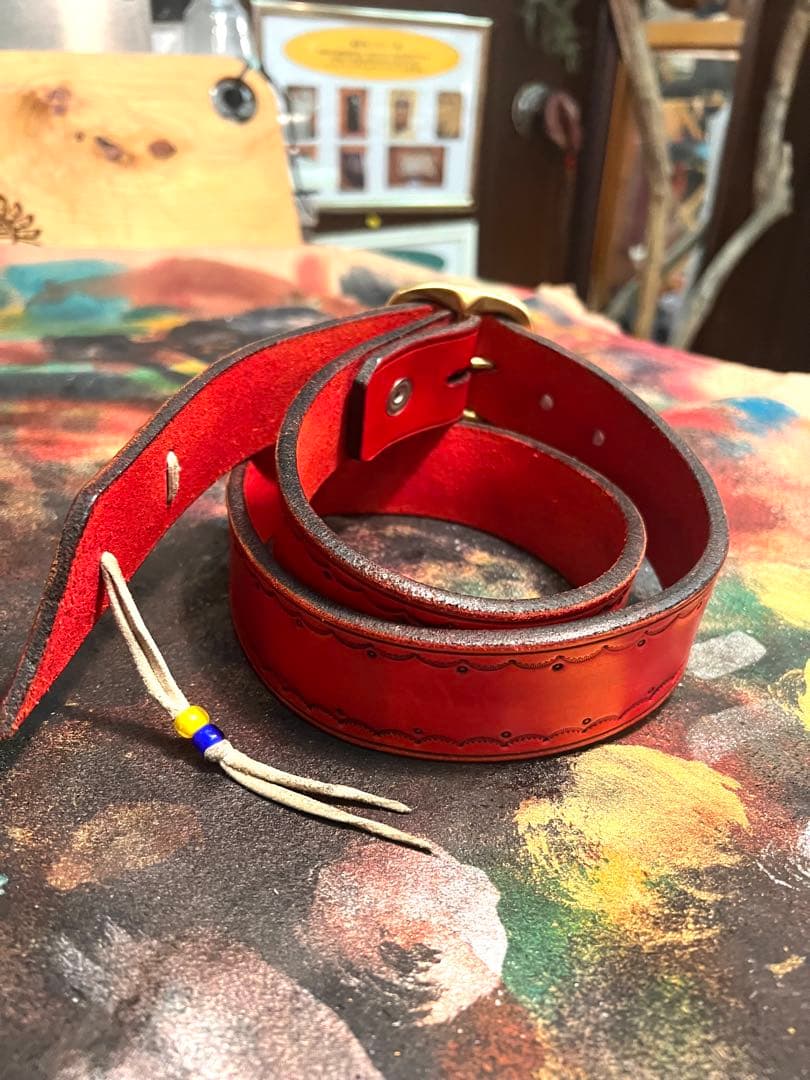 5mm厚38mm幅ベンズレザーベルト レッド 古着 ビンテージ アメカジ 激渋