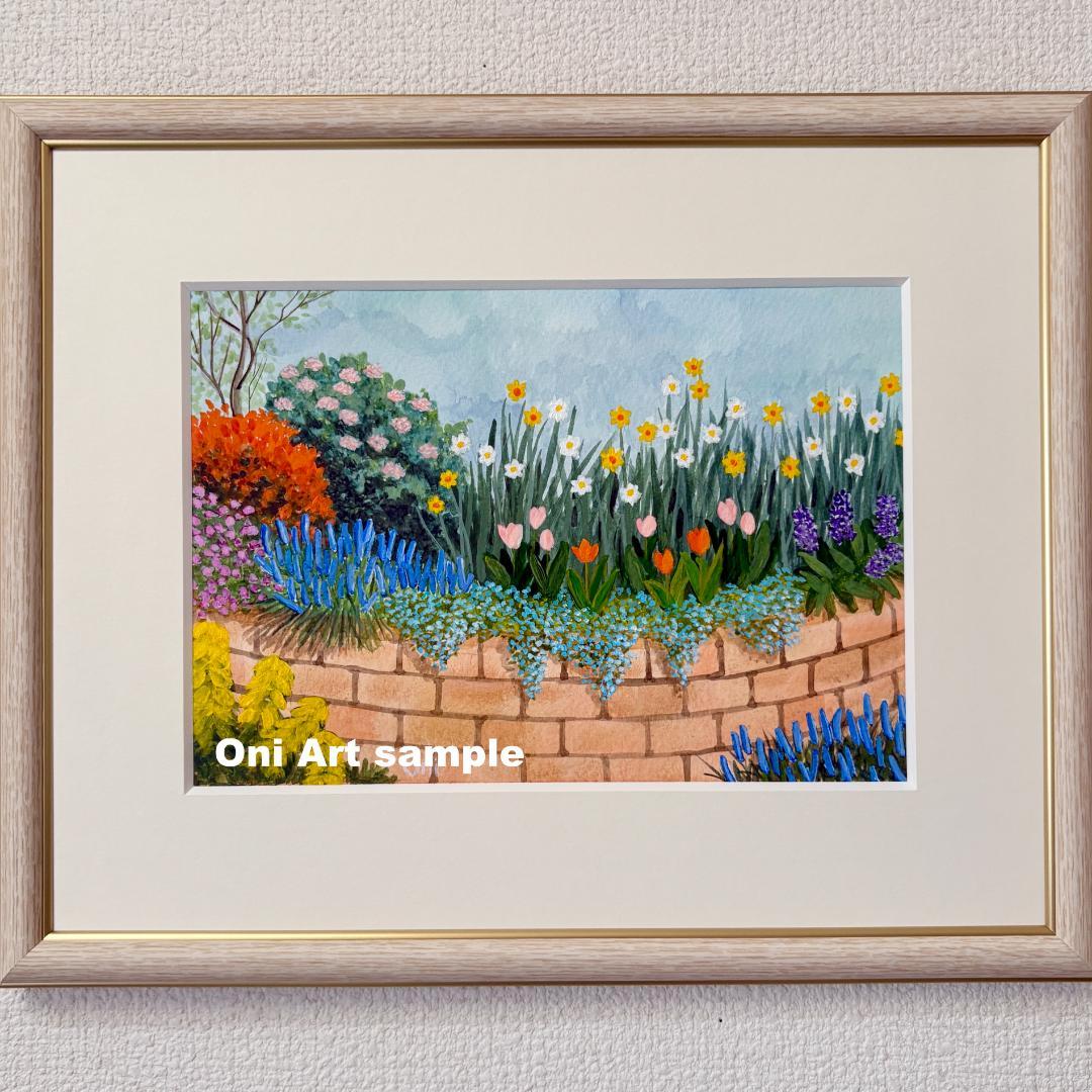 アクリル画　原画　「小さな花壇04」額縁付　SMサイズ　風景画 白い水仙と梅の花 」透明水彩画 原画 風景画 額縁付 F4サイズ 絵画 Oni