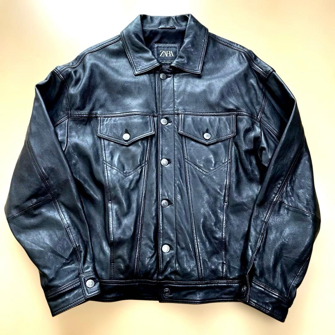 ZARA MAN ザラ メンズ ブラック レザー トラッカージャケット 本革 S