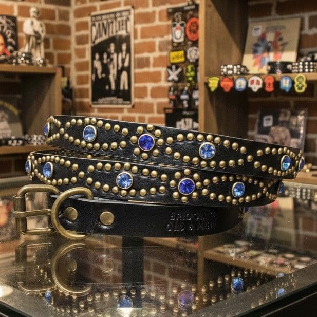 アイ青■本革レザーフルスタッズナローベルト☆アメカジ古着ヴィンテージキムタク