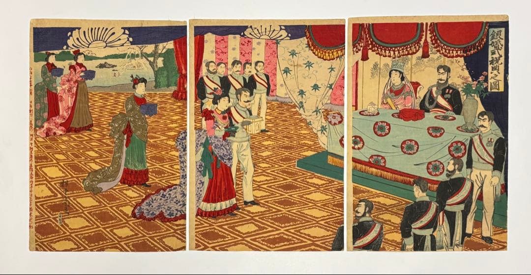 「銀婚式祝典之図」楳堂小国政 明治27年刊 3枚続|浮世絵 錦絵 明治天皇