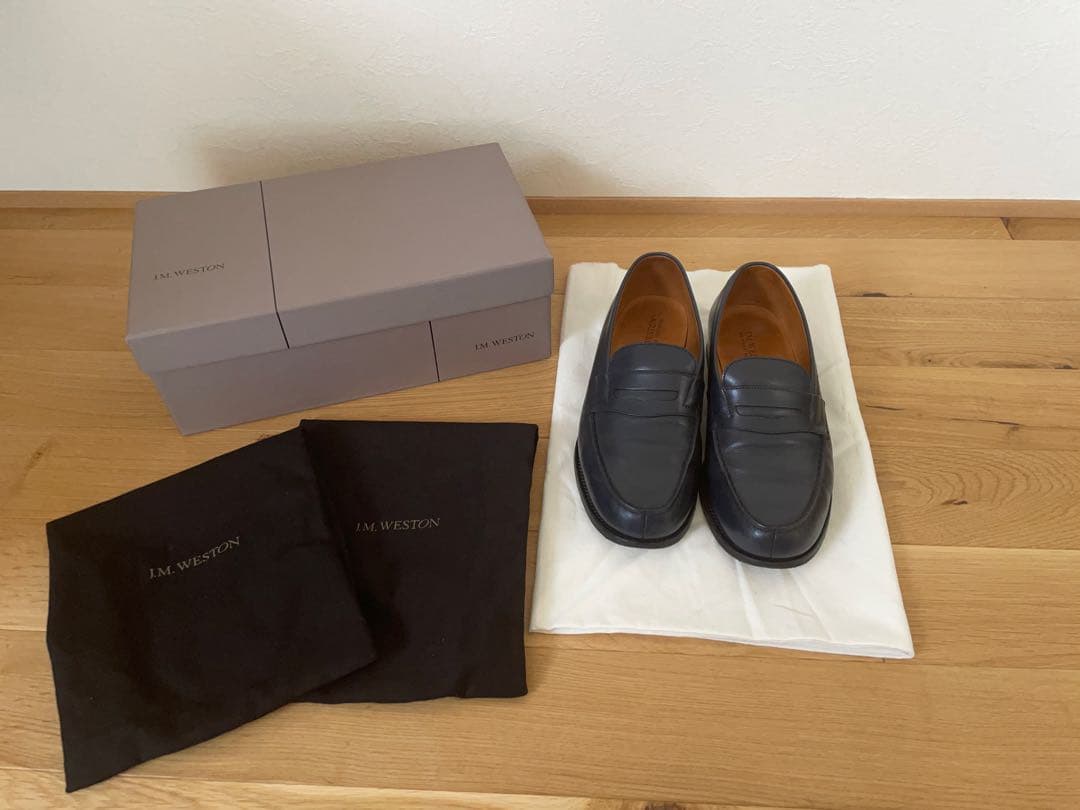 JM WESTON ネイビー レザー ローファー フラットシューズ 25cm - メルカリ
