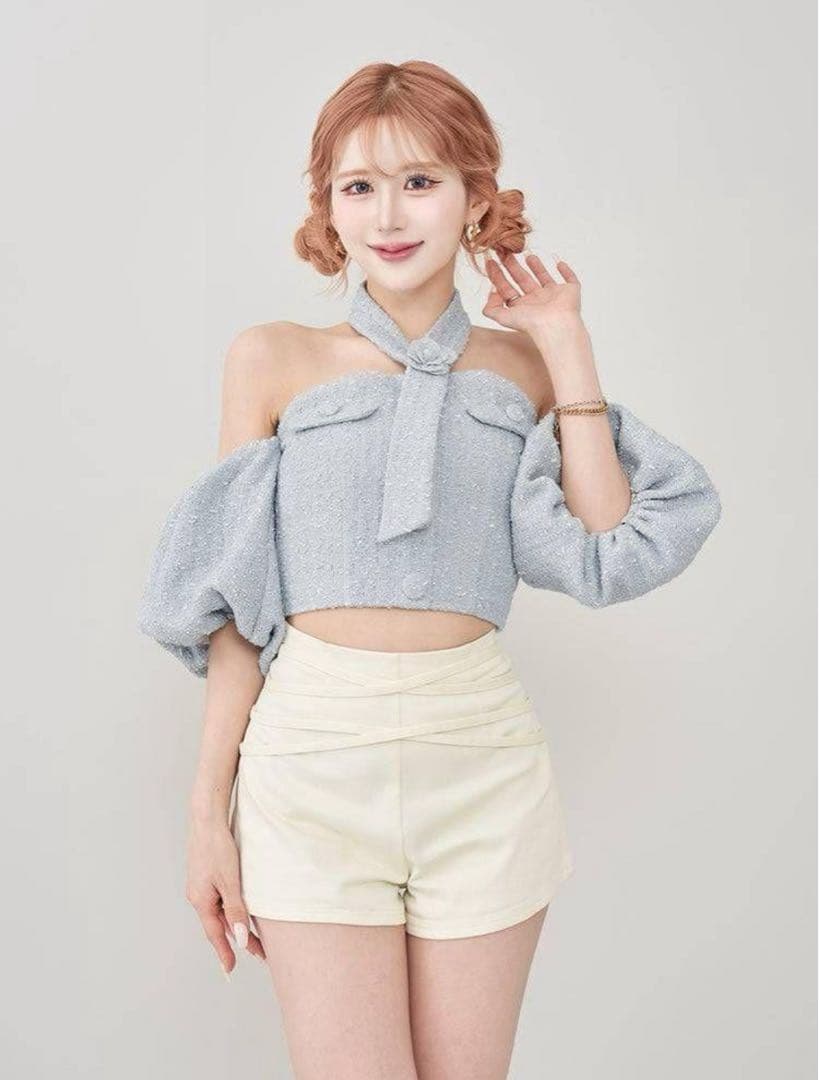 Darich ダーリッチ ホルターネックオフショルツイードトップス SAX