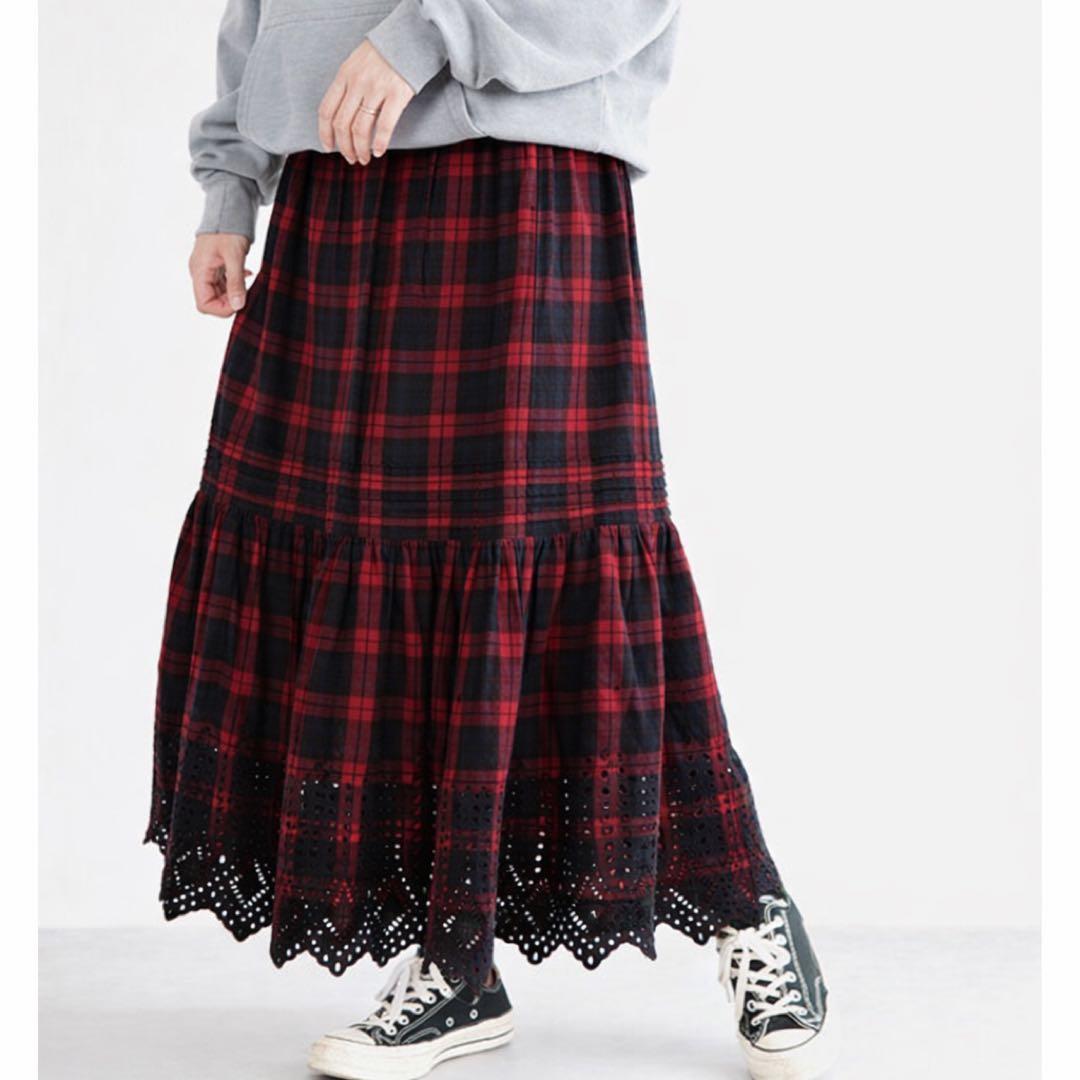 ichiスカラップエンブロイダリー チェックスカート