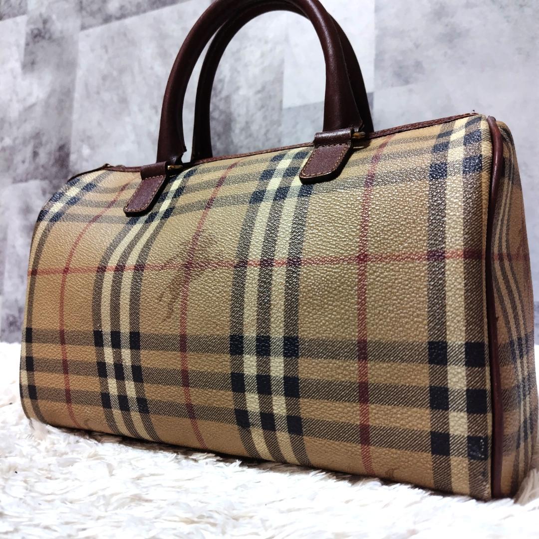 バーバリーミニボストンノバチェックレザーPVCホースロゴ