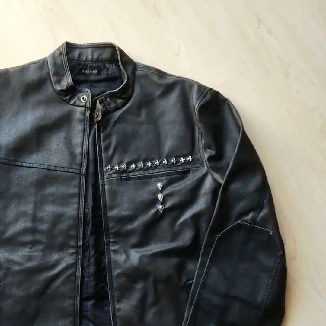 【希少レア】Y2K クロス スタッズ レザー ジャケット フェード 黒 茶色