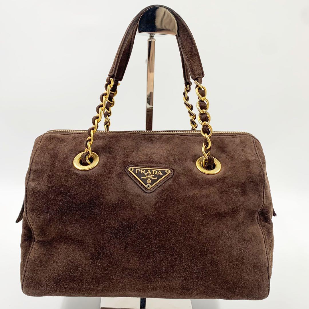 【✨極美品✨】プラダ ミニボストンバッグ 三角ロゴ スウェード ブラウン PRADA プラダ トライアングルロゴ サフィアーノレザー カデナ ミニ