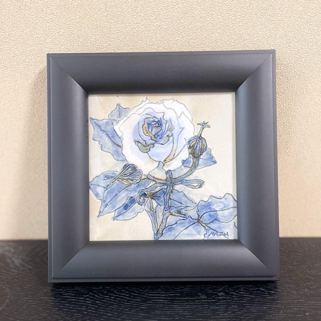 羽島焼窯元　額入り 薔薇の陶板　ブルーローズ