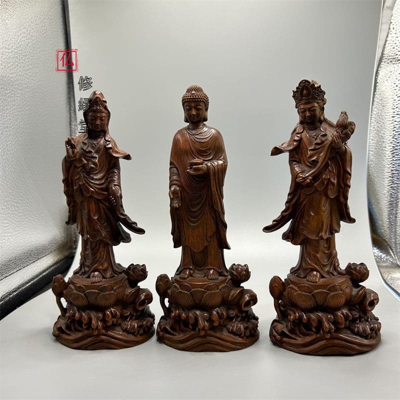 【修縁堂】天然の木 西方三聖 観世音 阿弥陀如来 勢至菩薩 仏教工芸品