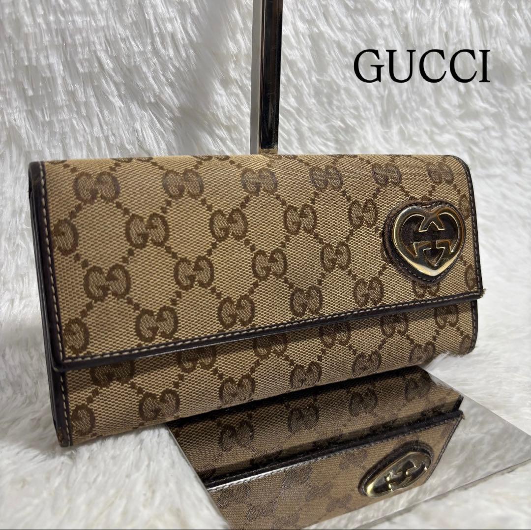 ✨美品✨ グッチ GGキャンバス インターロッキング ラブリーハート 長財布 茶