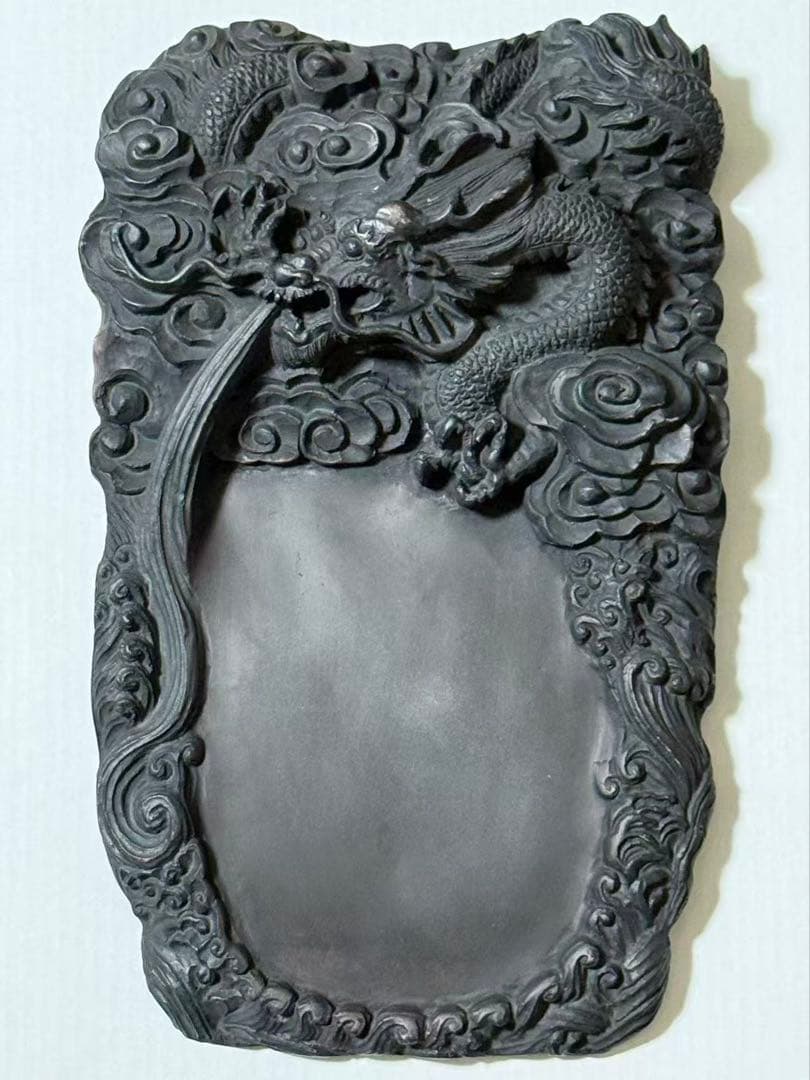 ￼ 中国美術 大型端渓硯 細密龍雲彫刻硯 文房具 年代物