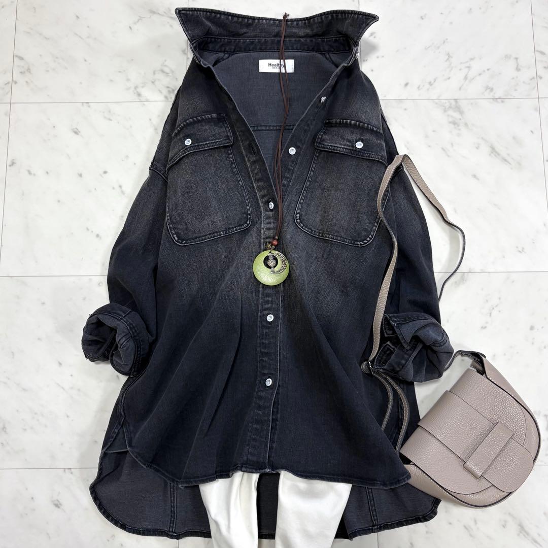 極美品✨ヘルシーデニム　アーモンド　デニムシャツ　オーバーサイズ　ゆったり　黒