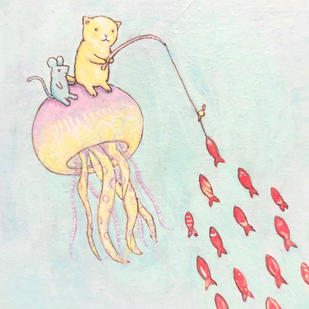自作絵画 サカナの群れを釣り上げた 猫とネズミの絵 - メルカリ